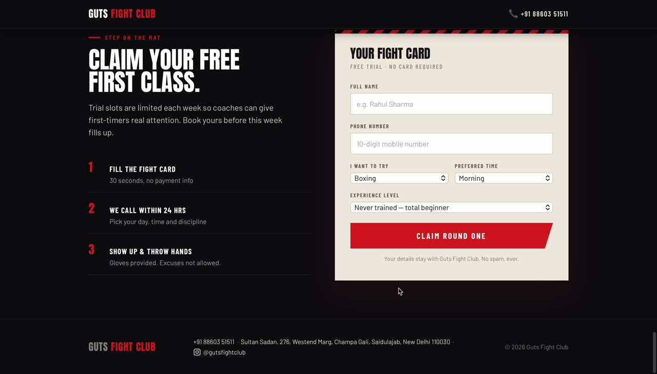 Guts Fight Club free-trial booking site
